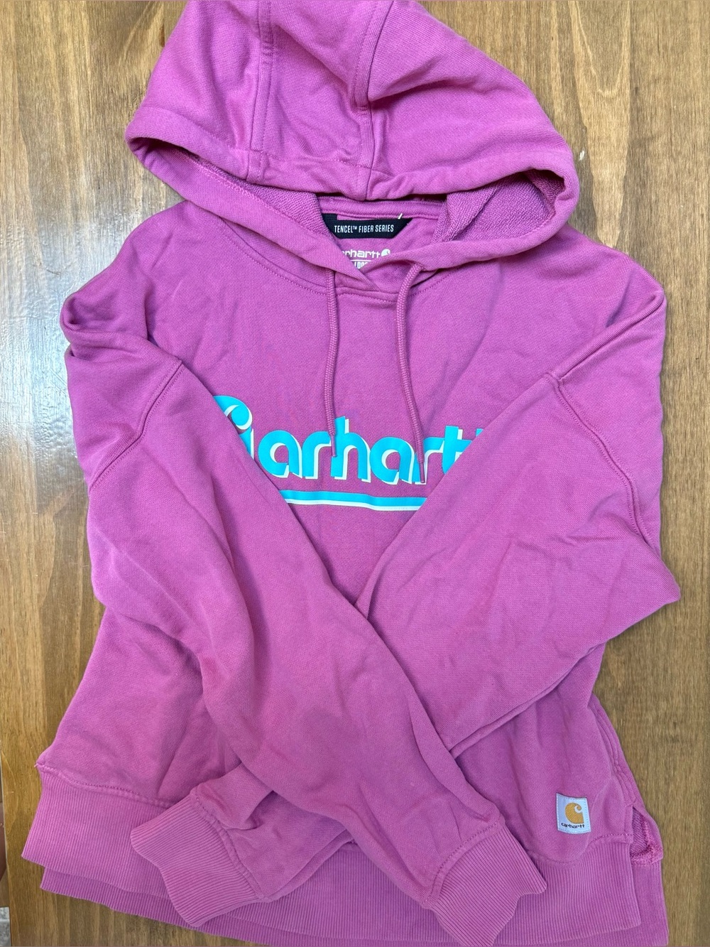 Carhartt Women’s Pink Hoodie With Teal Logo Size Small Loose Fit